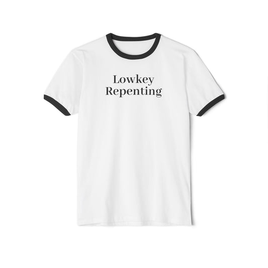 Casual Statement Tee, Lowkey Repenting T-Shirt, Unisex Ringer Shirt, Gift for Friends, Everyday Wear, Comfortable Cotton Tee