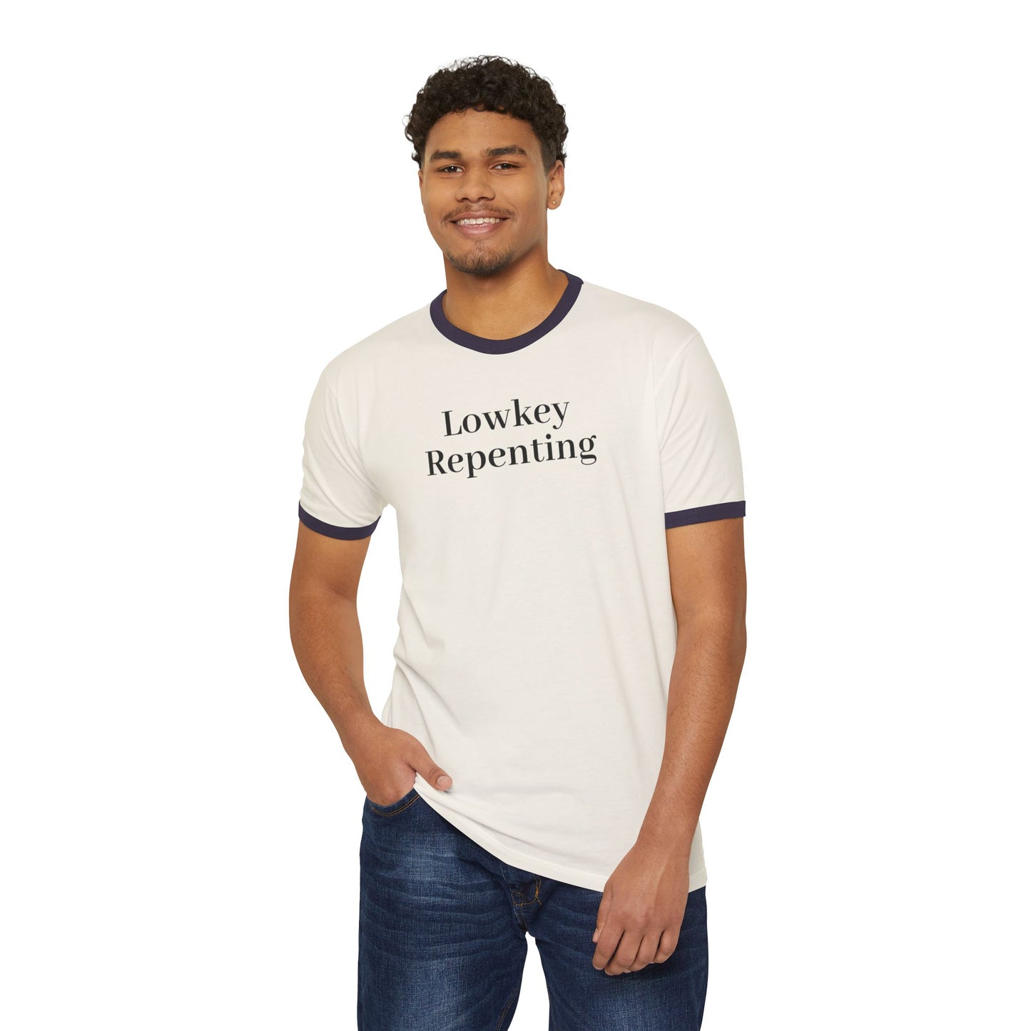 Casual Statement Tee, Lowkey Repenting T-Shirt, Unisex Ringer Shirt, Gift for Friends, Everyday Wear, Comfortable Cotton Tee