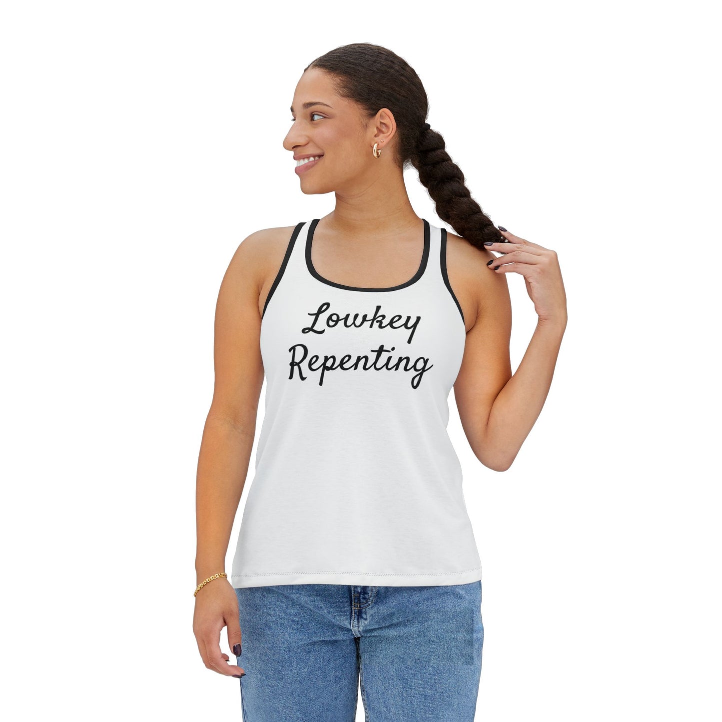 Women's Tank Top with 'Lowkey Repenting' Quote - Casual Comfort Wear for Summer, Workout Gear, Gifts for Her, Relaxed Style, Vacation [...]