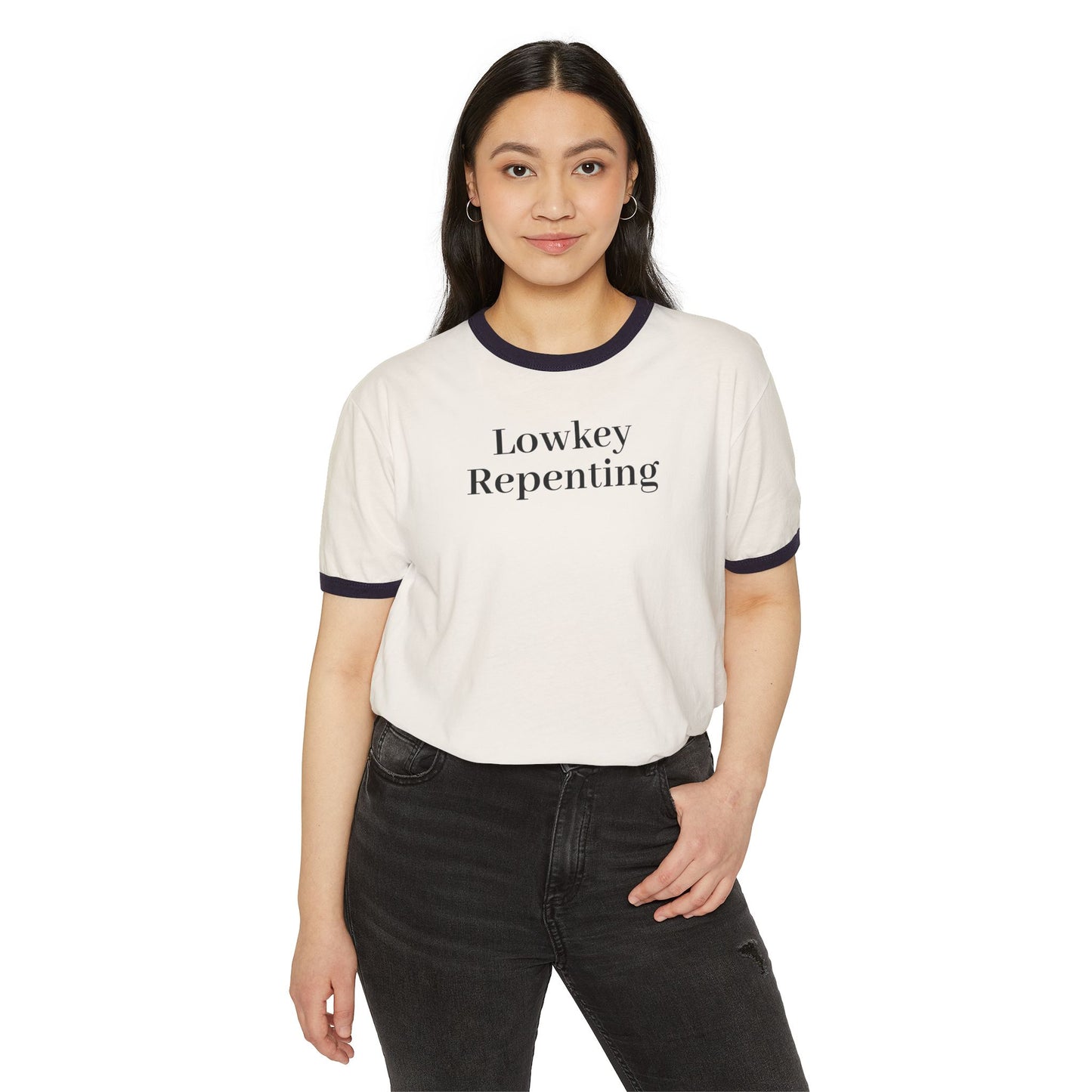 Casual Statement Tee, Lowkey Repenting T-Shirt, Unisex Ringer Shirt, Gift for Friends, Everyday Wear, Comfortable Cotton Tee