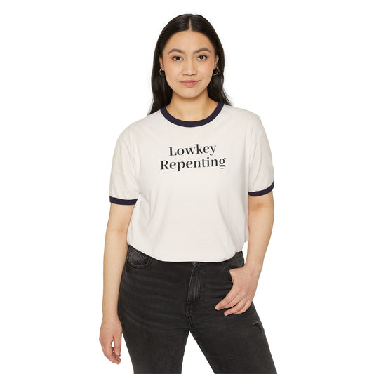 Casual Statement Tee, Lowkey Repenting T-Shirt, Unisex Ringer Shirt, Gift for Friends, Everyday Wear, Comfortable Cotton Tee