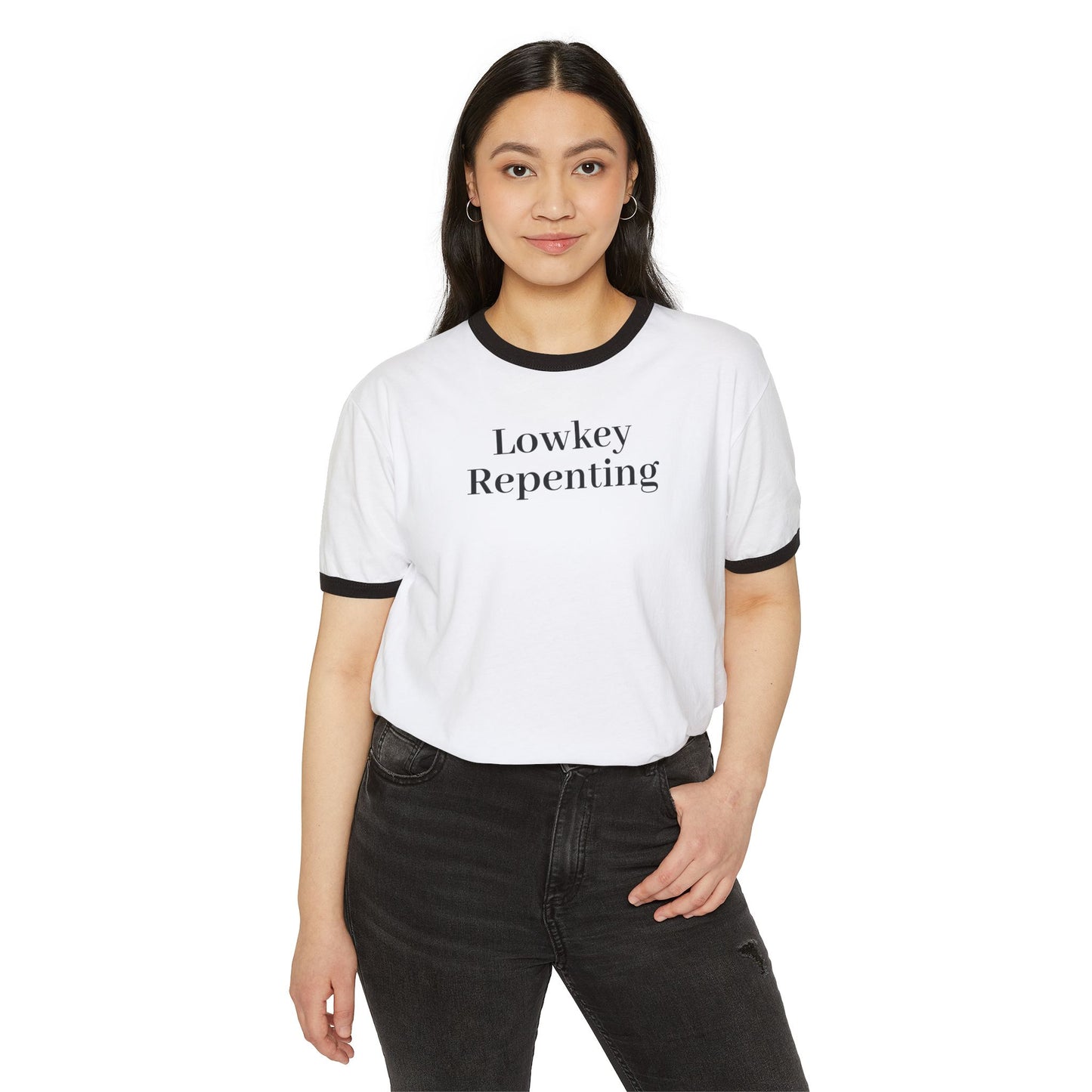 Casual Statement Tee, Lowkey Repenting T-Shirt, Unisex Ringer Shirt, Gift for Friends, Everyday Wear, Comfortable Cotton Tee